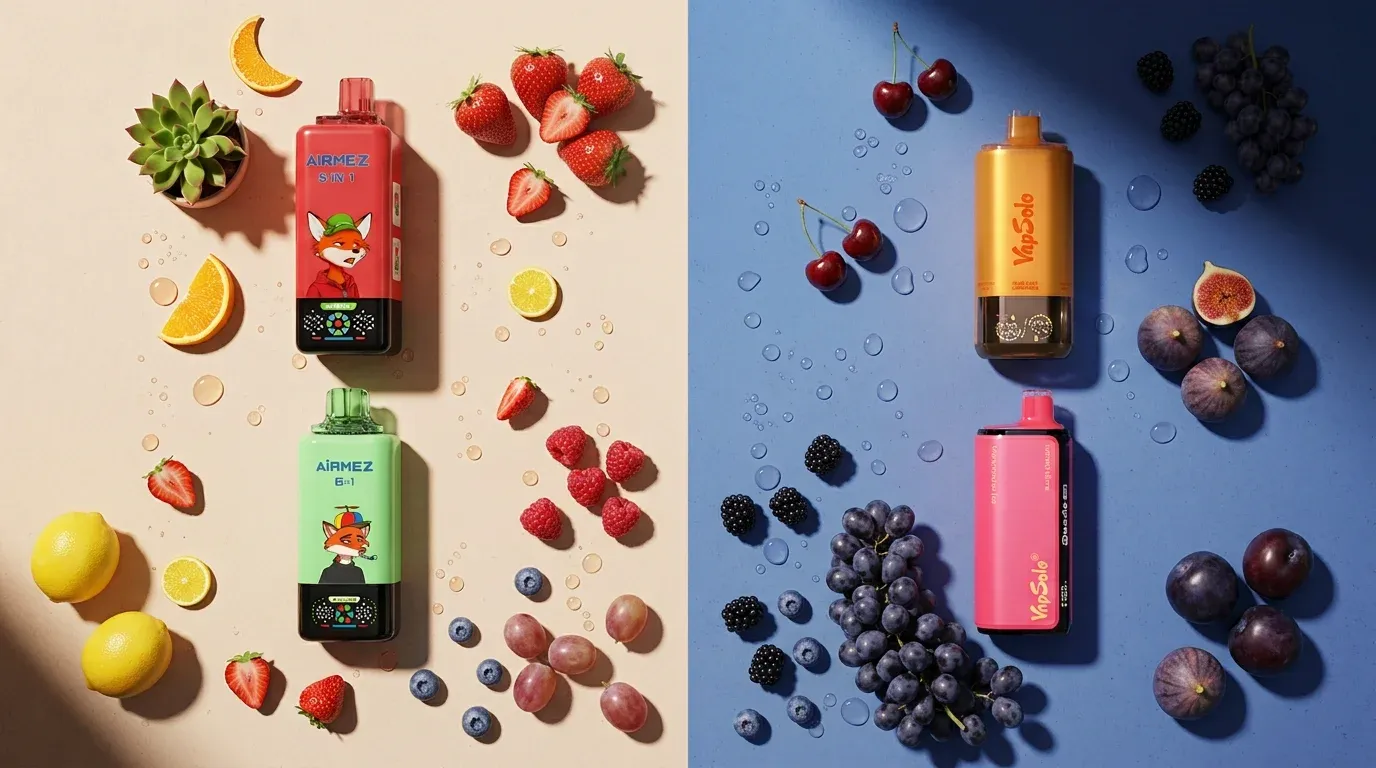 Airmez 8-in-1 és 6-in-1 több ízű vapek két VapSolo készülék mellett, friss gyümölcsökkel körülvéve